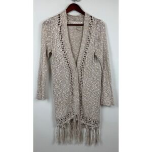 Lucky Brand Tan Cotton Linen Crochet Fringe Longline Cardigan Sweater Womens XS